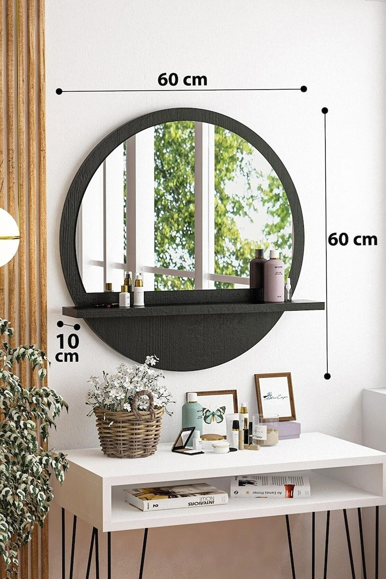 Wooden Round Mirror with Shelf