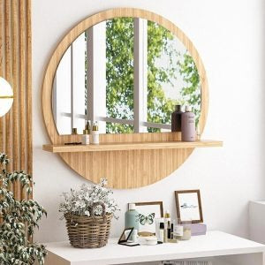 Wooden Round Mirror with Shelf