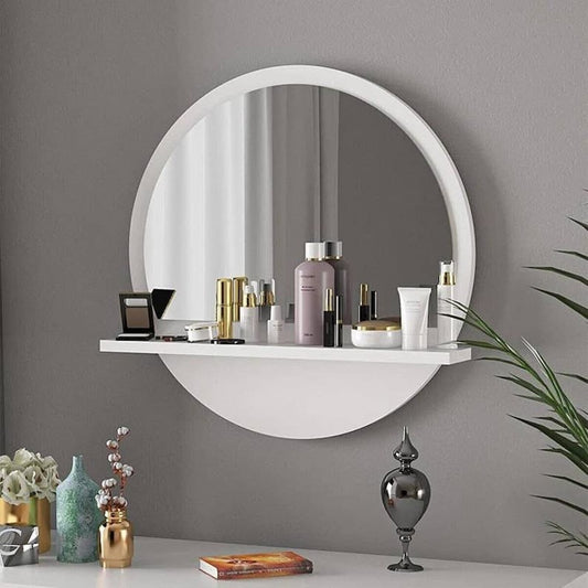 Wooden Round Mirror with Shelf