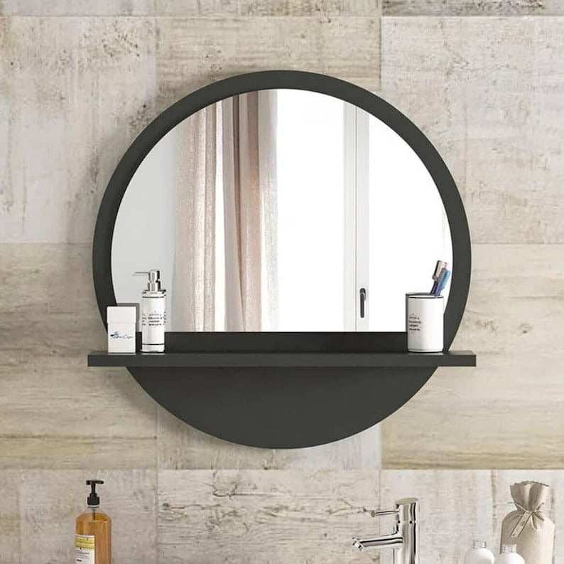 Wooden Round Mirror with Shelf