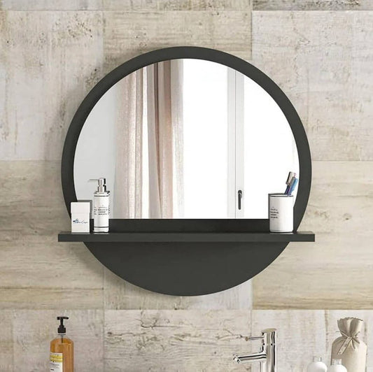 Wooden Round Mirror with Shelf